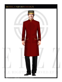 中國紅長款男裝酒店行李生制服設計圖1137