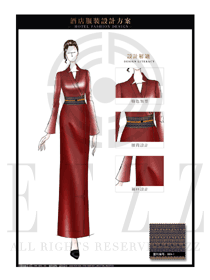 大師手繪時尚酒紅色女款酒店民族特色制服設(shè)計圖179