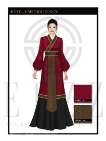 玫紅色女款漢服風格酒店中餐廳迎賓制服設計圖773
