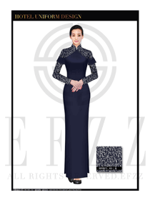 深藍(lán)色長(zhǎng)裙款酒店中餐廳迎賓制服設(shè)計(jì)圖790