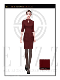 時尚棗紅色長裙女款中餐服務(wù)員服裝款式圖1770