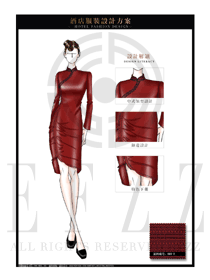 棗紅色長裙款酒店中餐迎賓制服設計圖834
