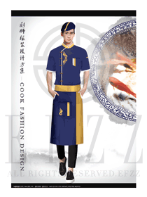 時尚深藍(lán)色短袖男款中餐廳廚師服服裝款式圖438