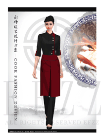 時尚酒紅色短袖女款中餐廳廚師服款式設計圖444