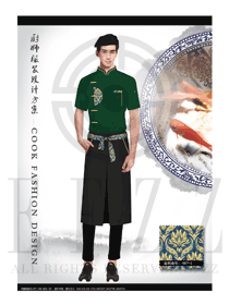 墨綠色短袖男款星級酒店廚師服制服設計圖445