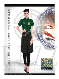 新款墨綠色短袖女款高檔中餐廳廚師服款式設(shè)計圖446