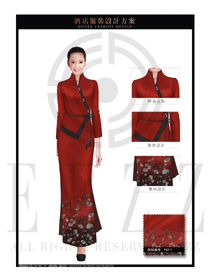 時尚玫紅色女款中餐迎賓制服設計圖859