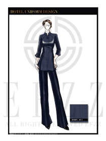 原創手繪稿臧藍色女款中餐服務員服裝款式圖1828