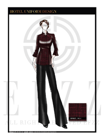 原創手繪稿深紫色女款中餐服務員服裝款式圖1843