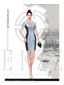時尚淺藍色連衣裙女職業裝夏裝服裝款式效果圖738