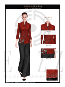 原創制服設計酒紅色女款中餐服務員服裝款式圖1927