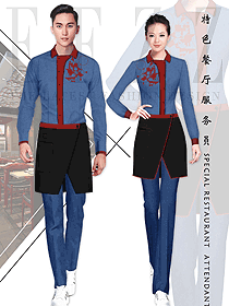 原創設計藍色男女款連鎖快餐店服務員制服設計圖240