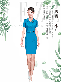 原創(chuàng)制服設計藍色連衣裙款總臺收銀接待服裝款式圖425