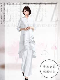 新款白色長裙款中式茶藝師制服款式設計圖2020