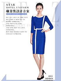 時尚藍色連衣裙款女職業裝夏裝制服設計圖780