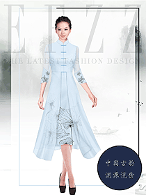 淺藍色中式茶藝師女款制服款式設計圖2024