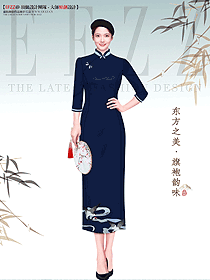 女夏季復古國風中袖長款新中式旗袍設計