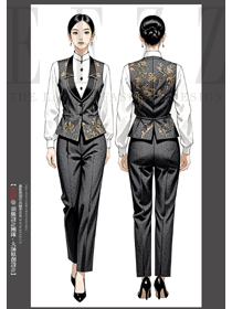 酒店中餐女服務(wù)員深灰金色馬夾工作服手繪圖