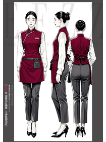 夏季酒店女服務(wù)員紅色款立領(lǐng)國(guó)風(fēng)制服手繪圖