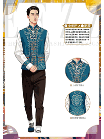 民族風情特色酒店男服務生工作服馬甲款手繪圖